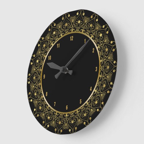 Black  Gold Vintage Floral Mandala Large Clock