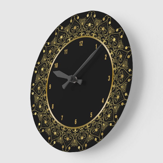 Black & Gold Vintage Floral Mandala Large Clock (Angle)