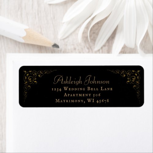 Black Gold Vintage Foliage Wedding Return Address Label