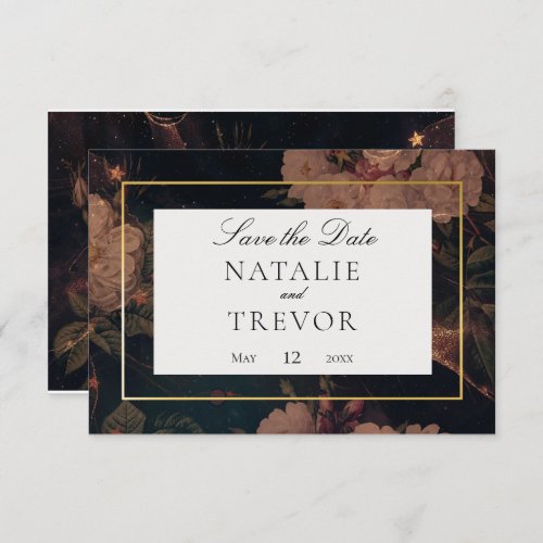 Black  Gold Vintage Glam Floral Save Date Card