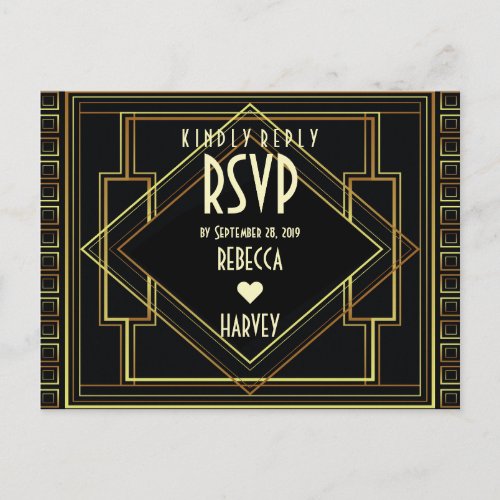 black gold vintage great gatsby wedding RSVP Invitation Postcard