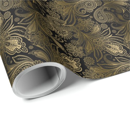 Black  Gold Vintage Indien Ham Paisley Wrapping Paper