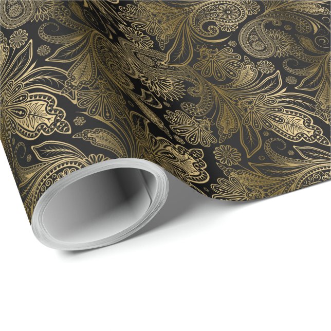 Black & Gold Vintage Indien Ham Paisley Wrapping Paper (Roll Corner)