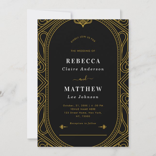 Black & Gold Vintage Modern Deco Geometric Wedding Invitation (Front)