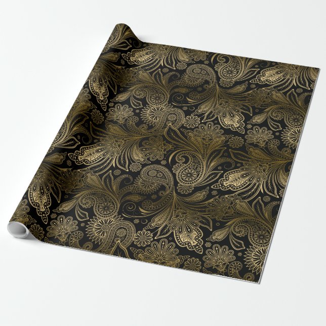 Black & Gold Vintage Tribal Paisley Wrapping Paper (Unrolled)