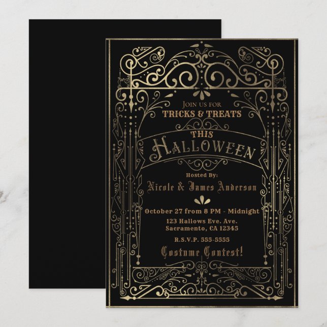 Black & Gold Vintage Victorian Deco Halloween Invitation (Front/Back)