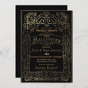 Black & Gold Vintage Victorian Deco Halloween Invitation