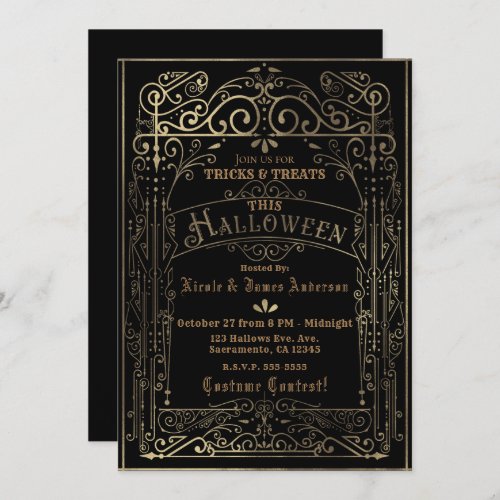 Black  Gold Vintage Victorian Deco Halloween Invitation