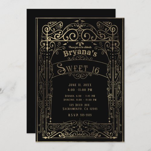 Black  Gold Vintage Victorian Deco Sweet 16 Party Invitation