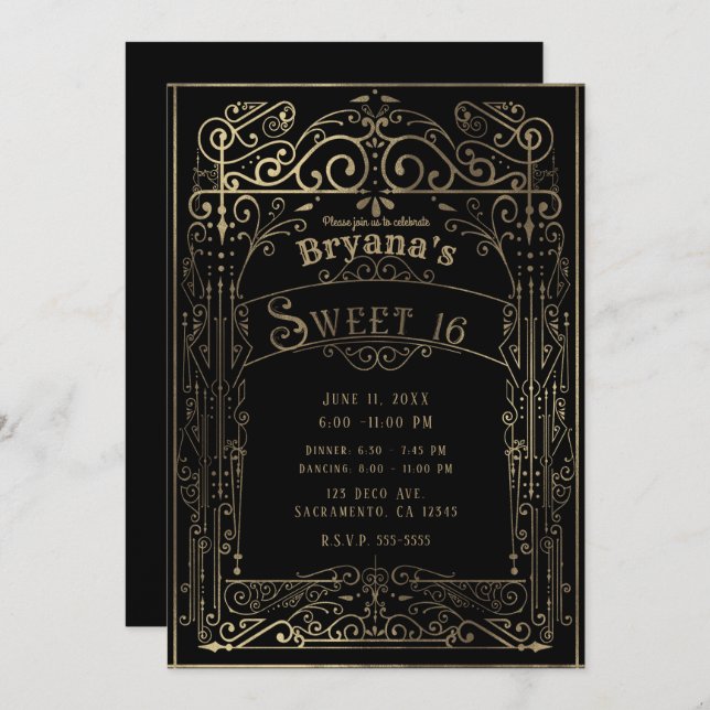 Black & Gold Vintage Victorian Deco Sweet 16 Party Invitation (Front/Back)