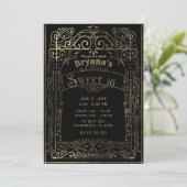 Black & Gold Vintage Victorian Deco Sweet 16 Party Invitation (Standing Front)
