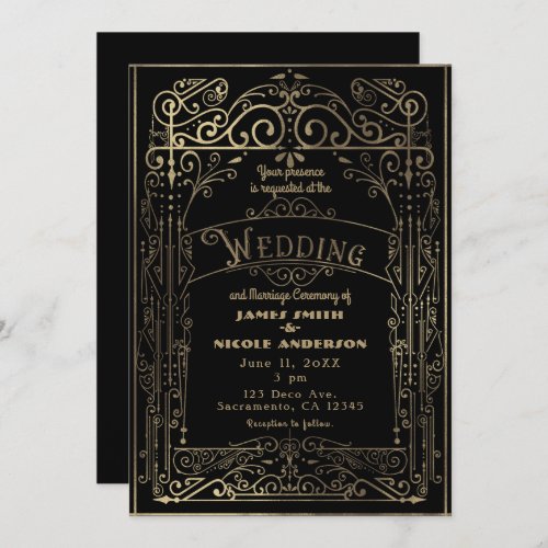 Black  Gold Vintage Victorian Deco Wedding Invitation