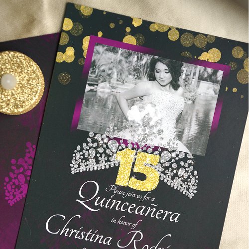 Black Gold Violet Quinceanera Tiara Invitation