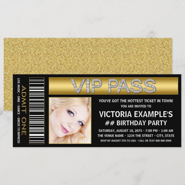 Black Gold VIP Pass Ticket Birthday Party Invitation (Front/Back)