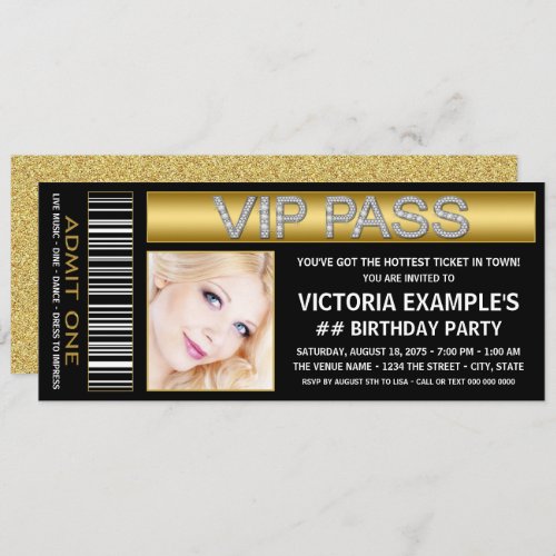 Black Gold VIP Pass Ticket Birthday Party Invitation