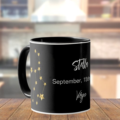 Black gold Virgo star constellation birthday Mug