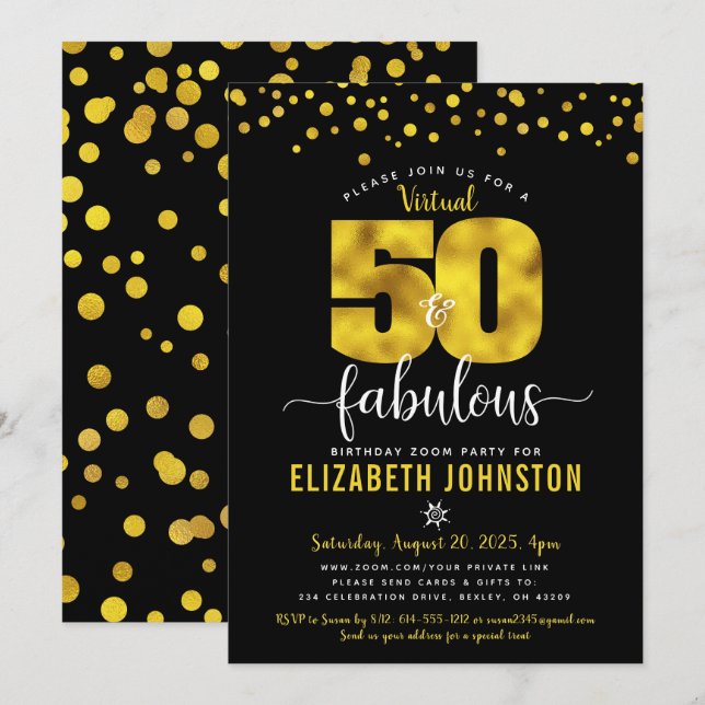 Black gold virtual 50 and fabulous birthday custom invitation (Front/Back)