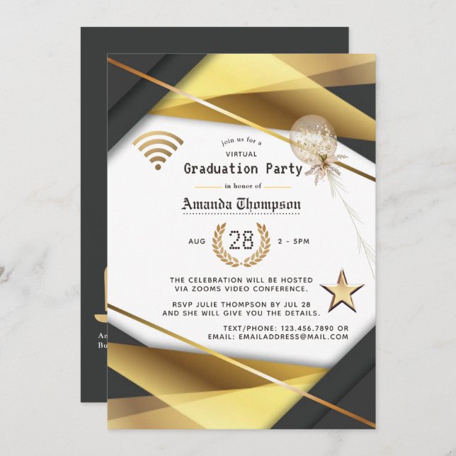 Black & Gold Virtual Graduation Party Certificate Invitation (Front/Back)