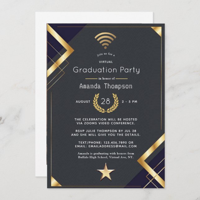 Black & Gold Virtual Graduation Party Photo Invitation (Front/Back)