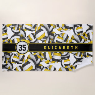 Black gold volleyballs pattern her jersey number beach towel