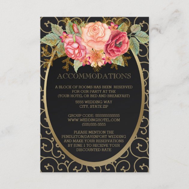 Black Gold W/ Pink Red Roses Accommodations Enclosure Card