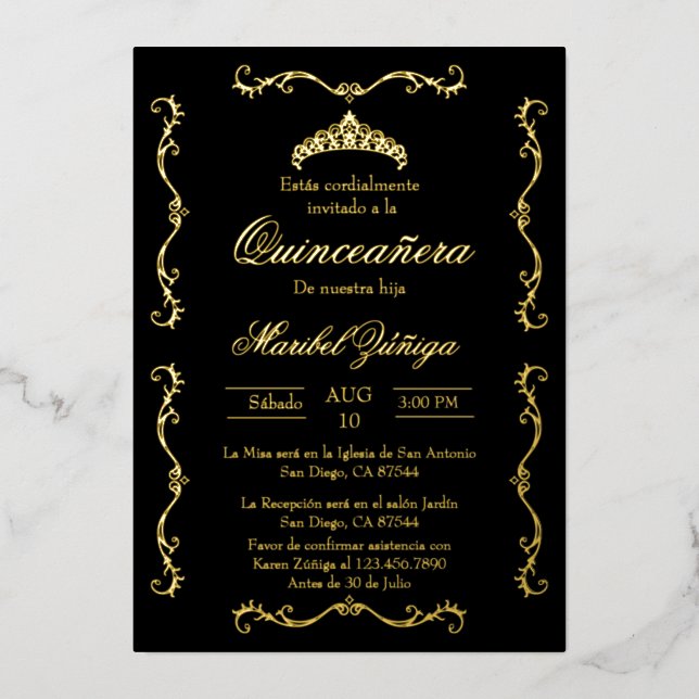 Black Gold w/wreath Quinceanera invitation Foil In Foil Invitation (Front)