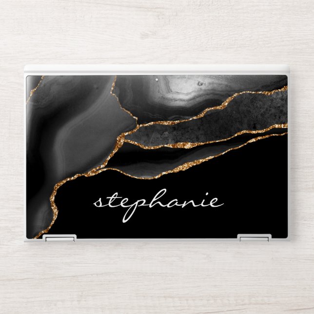 Black Gold Watercolor Agate Personalized HP Laptop Skin (Front)