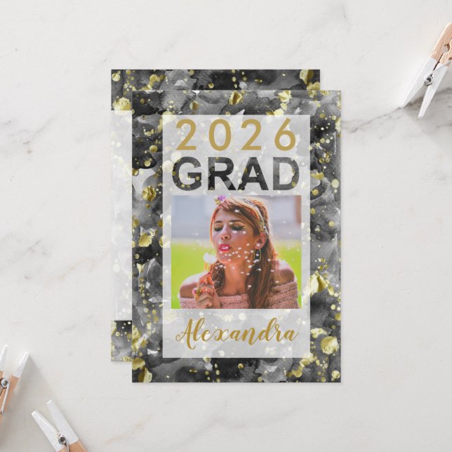 Black Gold Watercolor Art 2026 Photo Graduation Invitation (Front/Back In Situ)