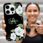 Black Gold Watercolor Floral Monogram Script Chic iPhone 16 Pro Case<br><div class="desc">A chic, stunning, sophisticated, white and faux gold glitter floral watercolor with personalized script typography and a san serif type monogram initial overlay a dramatic black background on this chic, elegant, modern cell phone case. Personalize with your name and monogram. Makes a fun and stylish statement every time you use...</div>