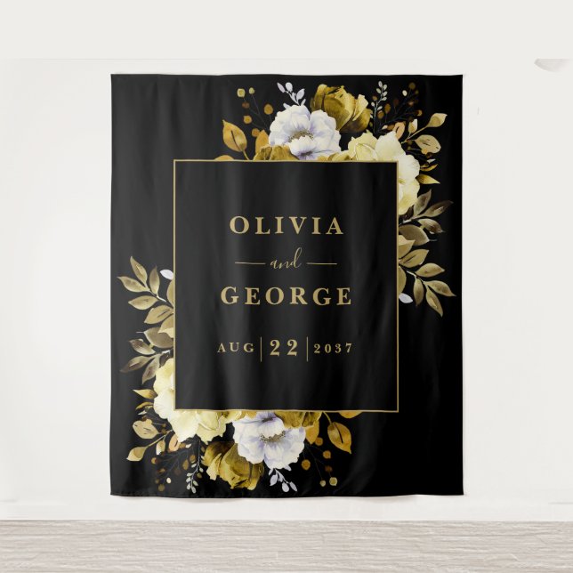 Black Gold Watercolor Floral Photo Booth Backdrop (Front)