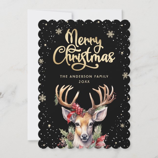 Black Gold Watercolor Reindeer Snow Christmas Card (Front)