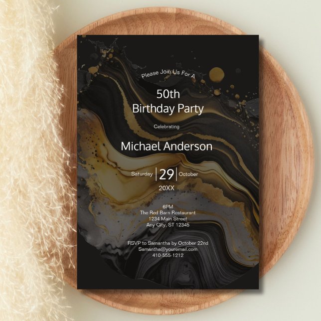 Black Gold Watercolor Wash 50th Birthday For Him Invitation (Black Gold White watercolor wash 50th Birthday invitation for him. Edit for any year)