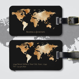 Black Gold Watercolor World Map Personalized Luggage Tag