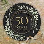 Black Gold Watercolour Greenery 50th Anniversary Classic Round Sticker<br><div class="desc">Featuring delicate soft watercolour country garden greenery,  this chic botanical 50th wedding anniversary design can be personalized with your special fiftieth-anniversary details in elegant gold text. Designed by Thisisnotme©</div>
