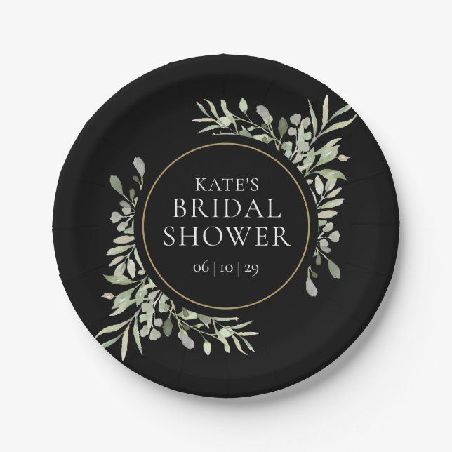 Black Gold Watercolour Greenery Bridal Shower Paper Plates (Front)