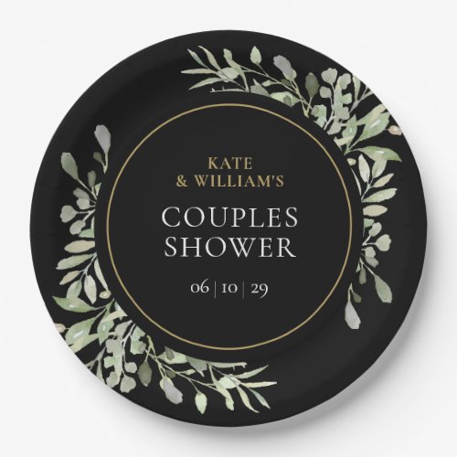 Black Gold Watercolour Greenery Couples Shower Paper Plates