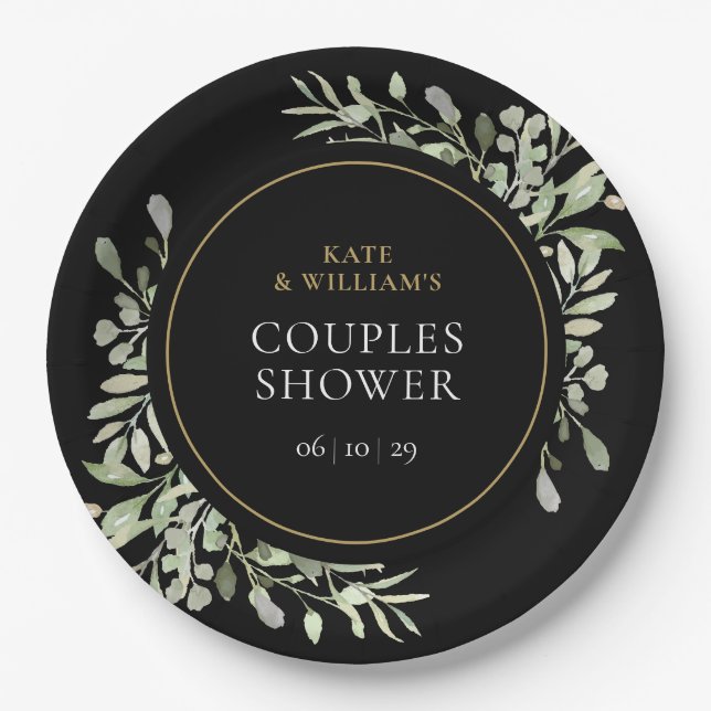 Black Gold Watercolour Greenery Couples Shower Paper Plates (Front)