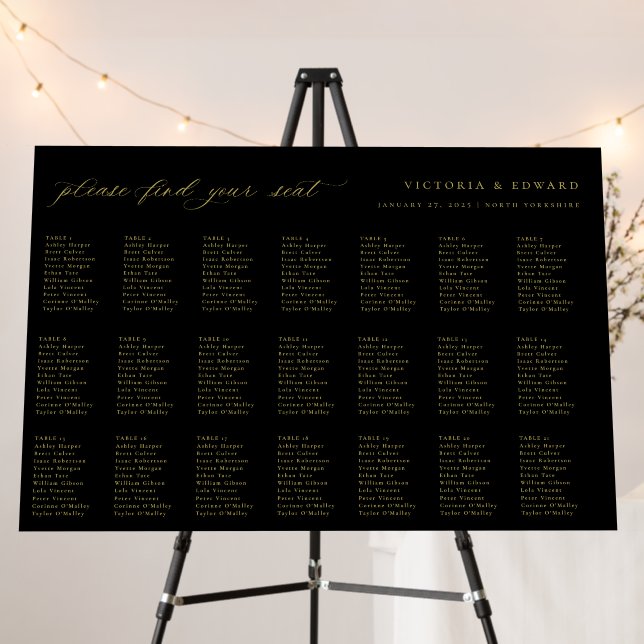 Black Gold Wedding 21 Table Seating Chart Foam Board (In Situ (Stand))