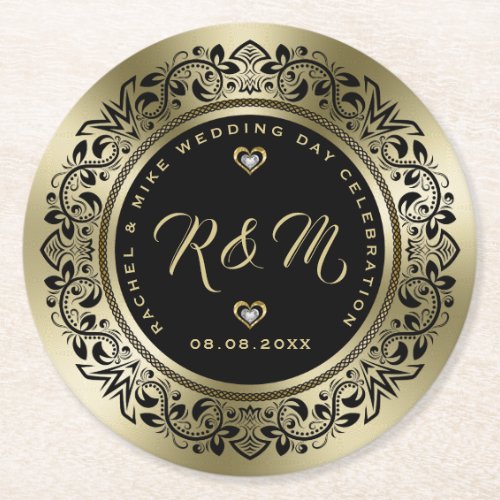 Black  Gold Wedding Anniversary Round Paper Coaster