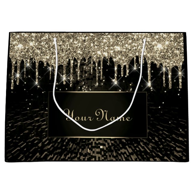 Black Gold Wedding Bridal Name VIP Glitter Drips Large Gift Bag (Front)