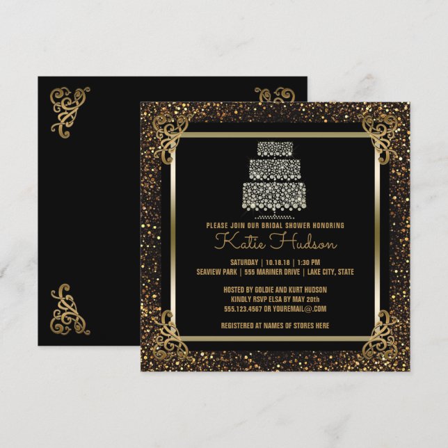 Black Gold Wedding Cake Bridal Shower Elegant Invitation (Front/Back)