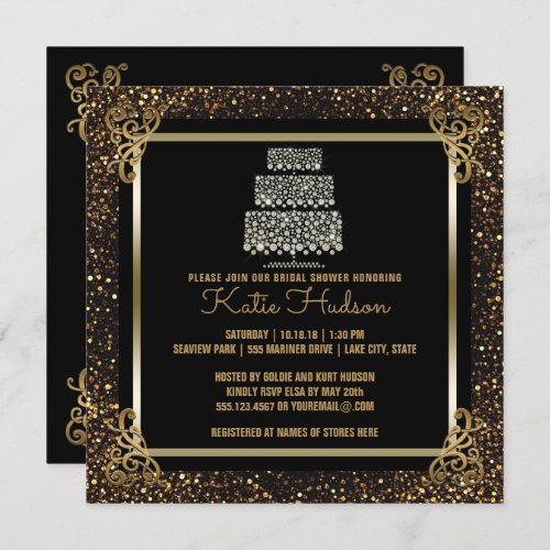 Black Gold Wedding Cake Bridal Shower Elegant Invitation