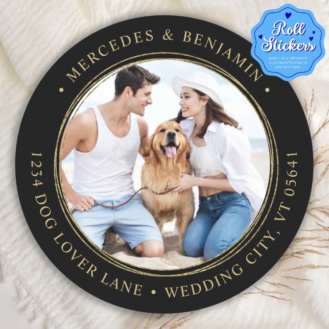Black Gold Wedding Custom Photo Return Address Classic Round Sticker (Creator Uploaded)
