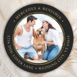 Black Gold Wedding Custom Photo Return Address Classic Round Sticker<br><div class="desc">Add the finishing touch to your wedding invitations with these custom photo, and personalized address labels. Customize with your favorite photo, names, and address. These simple address labels can be used for any and all occasions. COPYRIGHT © 2020 Judy Burrows, Black Dog Art - All Rights Reserved. Black Gold Wedding...</div>