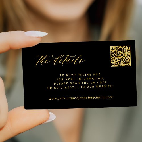 Black gold wedding details website QR code Enclosure Card