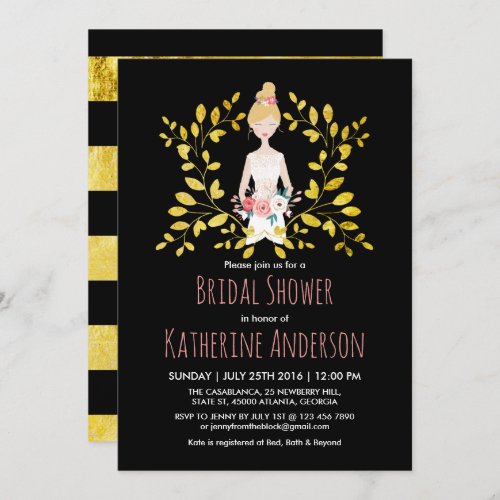 Black Gold Wedding Dress Bridal Shower Invitation