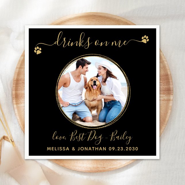 Black Gold Wedding Drinks On Me Pet Dog Photo Napkins (Creator Uploaded)