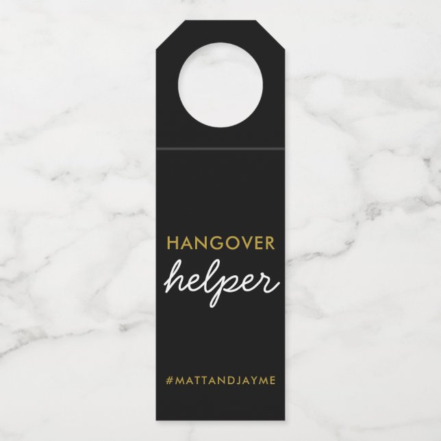 Black Gold Wedding Hangover Helper Tag w Hashtag (Front)