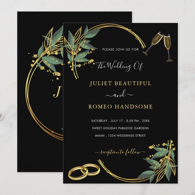 Black Gold Wedding Invitation Card Elegant Design (Front/Back)