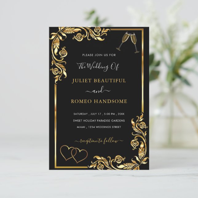 Black Gold Wedding Invitation Example with QR Code (Standing Front)